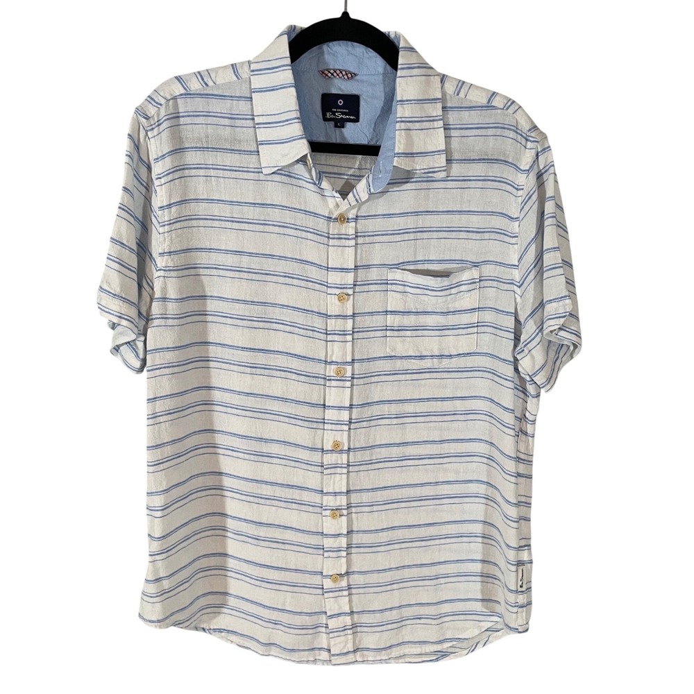 Mens‎ Large Blue White Striped Linen Blend Short Sleeve Button Shirt lightweight